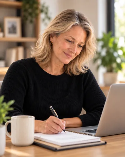 Martha, Nuanix Operations Assistant, taking notes at her laptop